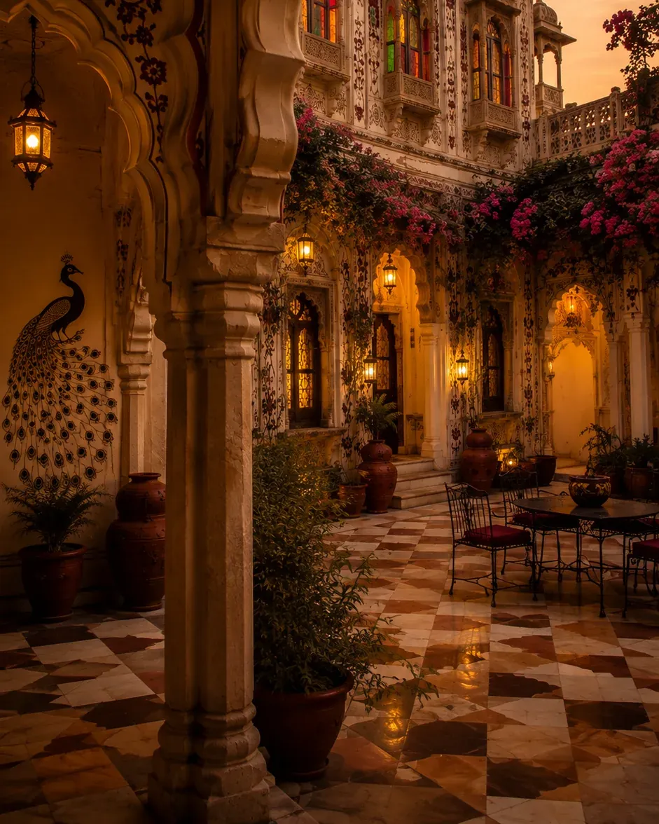 Lanterns, a painted peacock and café tables in a haveli courtyard at dusk